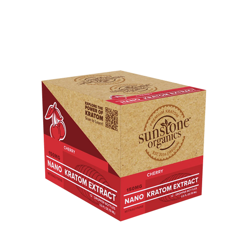 Closed case of Sunstone Organics Nano Kratom Extract cherry flavored