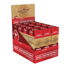 Box of Sunstone Organics Nano Kratom Extract bottles with cherry flavor on a white background