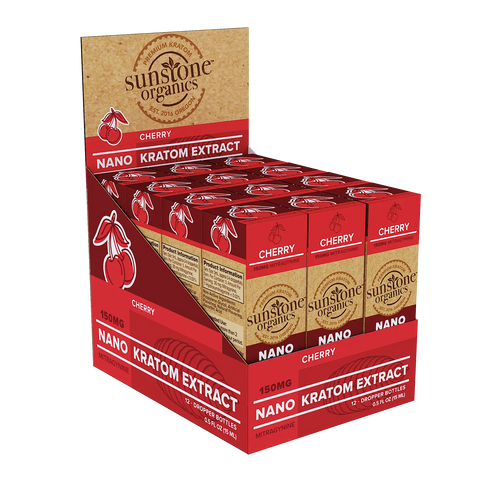 Box of Sunstone Organics Nano Kratom Extract bottles with cherry flavor on a white background