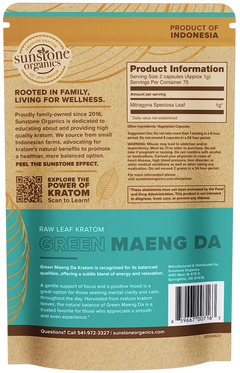 Sunstone Organics Green Maeng Da Kratom package with product information and branding details.