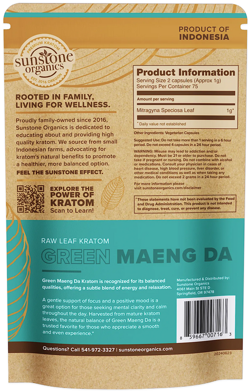 Sunstone Organics Green Maeng Da Kratom package with product information and branding details.
