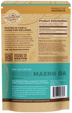 Sunstone Organics Green Maeng Da Kratom package with product information and branding details.