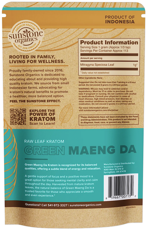 Sunstone Organics Green Maeng Da Kratom package with product information and branding details.