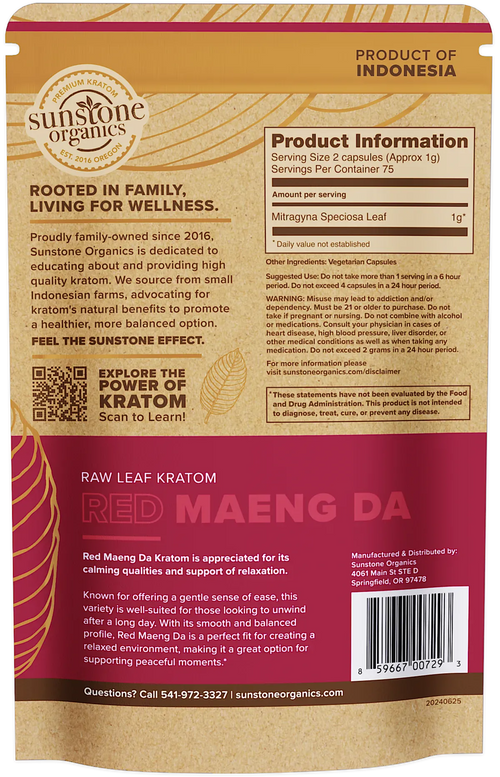 Sunstone Organics Red Maeng Da Kratom package with product information and branding.