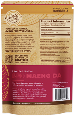Sunstone Organics Red Maeng Da Kratom package with product information and branding.