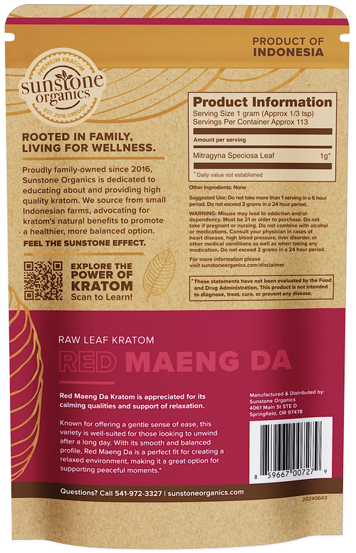 Sunstone Organics Red Maeng Da Kratom package with product information and branding.