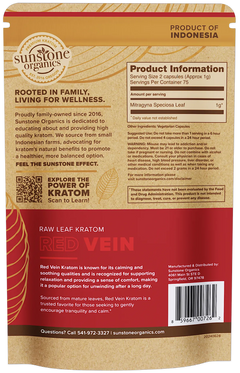 Sunstone Organics Red Vein Kratom package with product information and branding details.