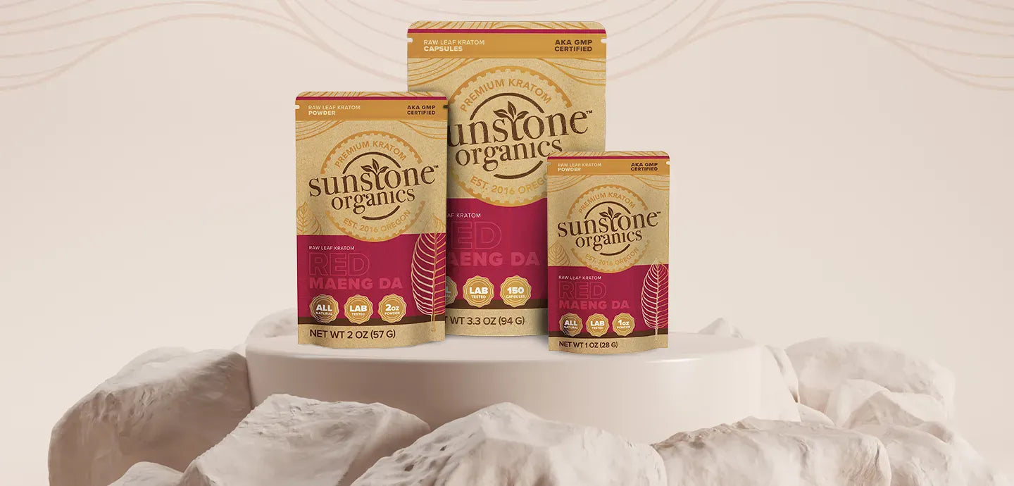 Sunstone Organics red maeng da kratom packaging on a textured surface