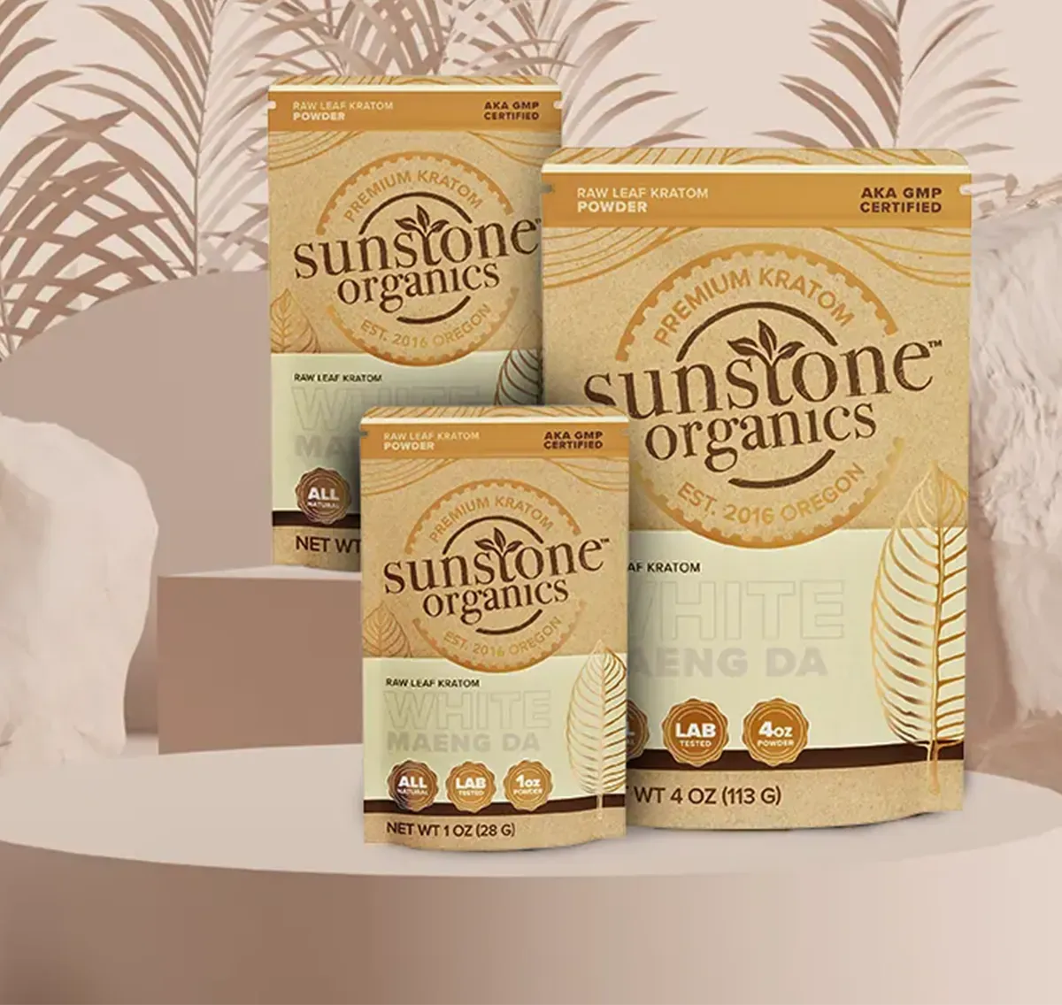 Sunstone Organics kratom products on a neutral background with decorative elements
