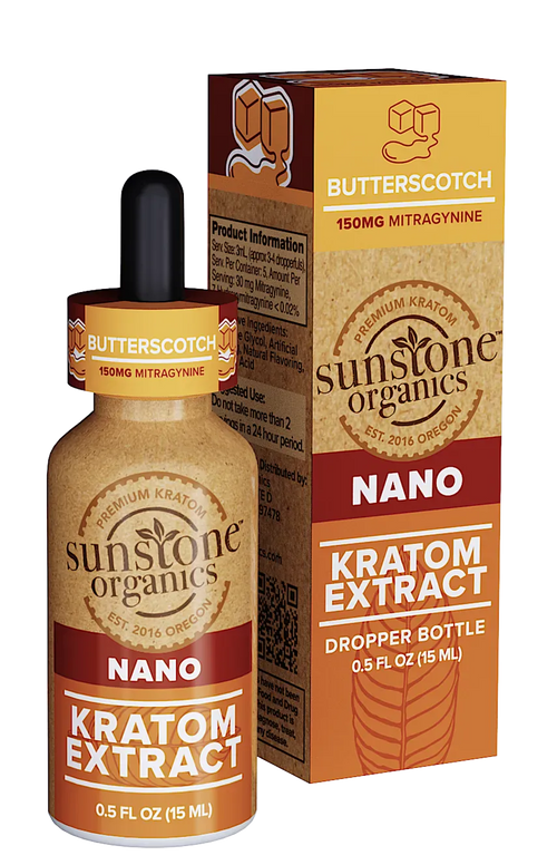 Sunstone Organics Butterscotch Nano Kratom Extract dropper bottle and packaging