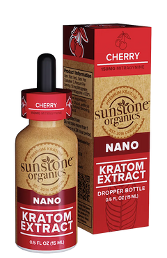 Sunstone Organics Cherry Kratom Extract dropper bottle and packaging on a white background