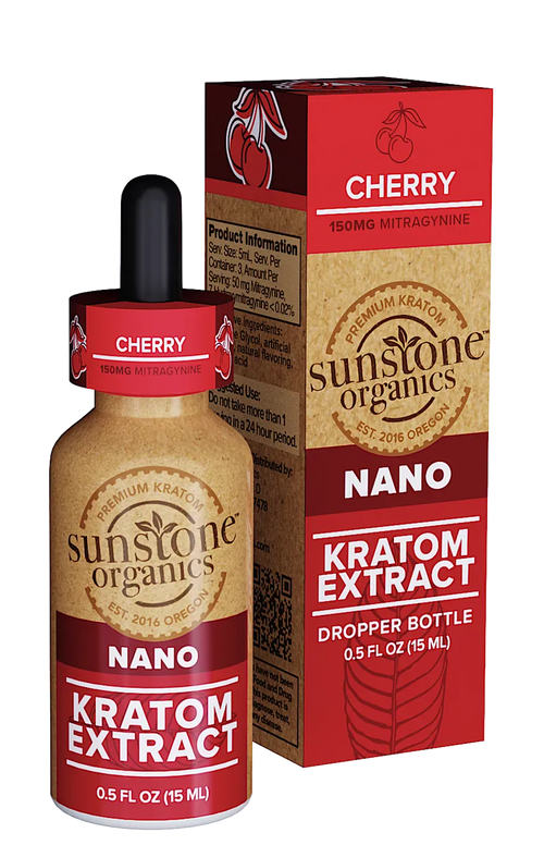 Sunstone Organics Cherry Kratom Extract dropper bottle and packaging on a white background