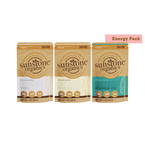 Three packages of Sunstone Organics raw leaf kratom powder