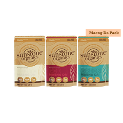 Three Sunstone Organics packages labeled 'Red Maeng Da', 'Green Maeng Da', and 'White Maeng Da'