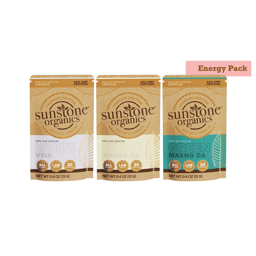 Three packages of Sunstone Organics kratom capsules