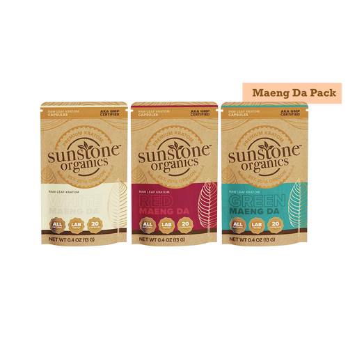 Three packages of Sunstone Organics kratom capsules