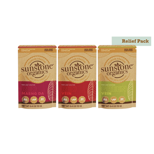 Three packages of Sunstone Organics kratom capsules