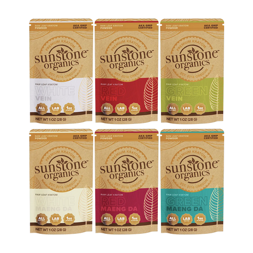 Sunstone Organics kratom powder packaging in various flavors