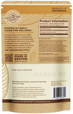 Sunstone Organics white maeng da kratom package with product information and branding.