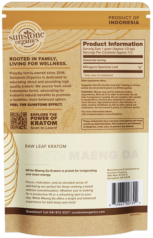 Sunstone Organics white maeng da kratom package with product information and branding.