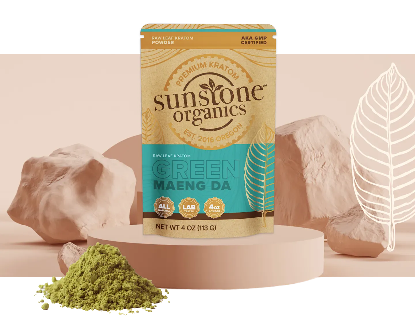 Sunstone Organics Green Maeng Da kratom package with kratom powder and rocks on a beige background