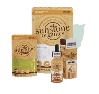 Sunstone Organics kratom products including boxes and a bottle