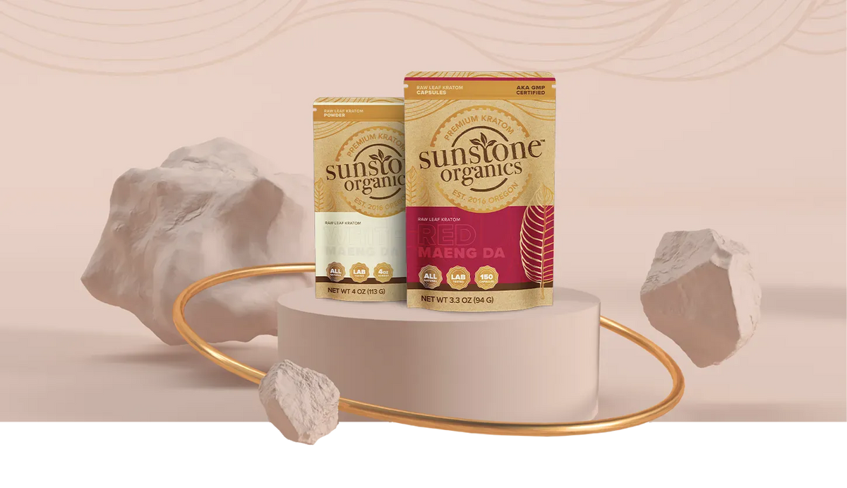Sunstone Organics kratom packages on a display stand