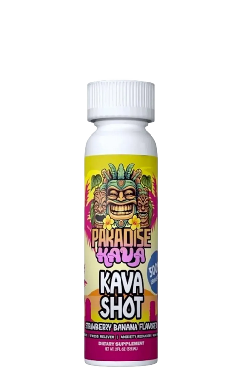 Kava shot bottle with colorful label featuring a tiki design