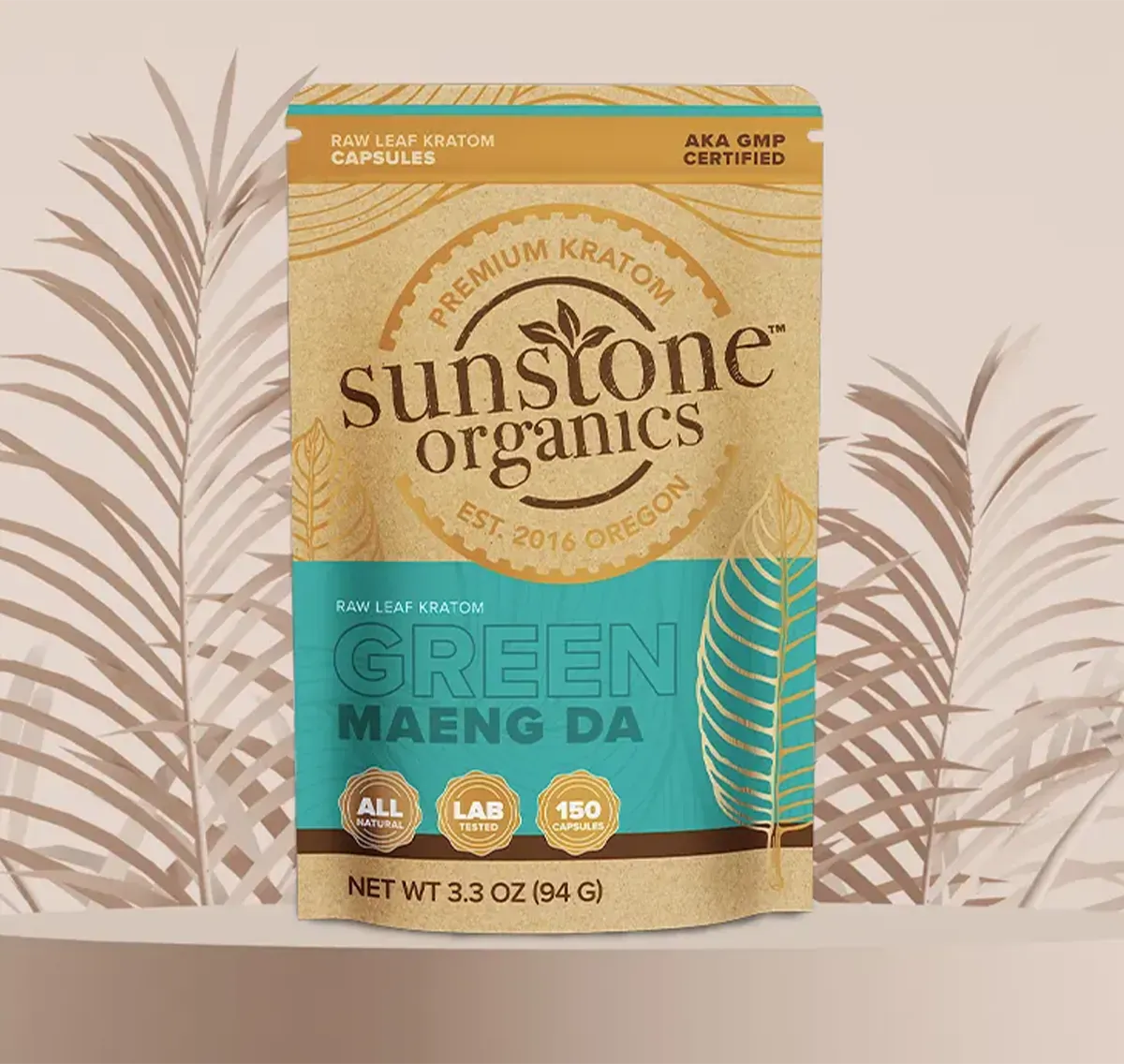 Sunstone Organics Green Maeng Da kratom package on a beige background with leaf patterns