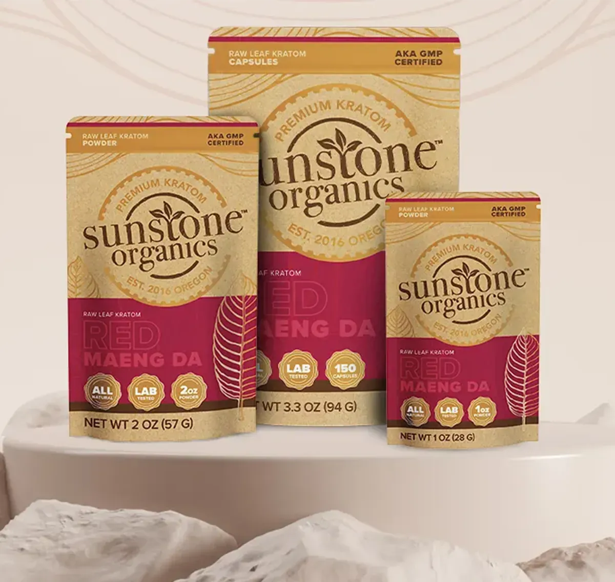 Sunstone Organics kratom products on a neutral background