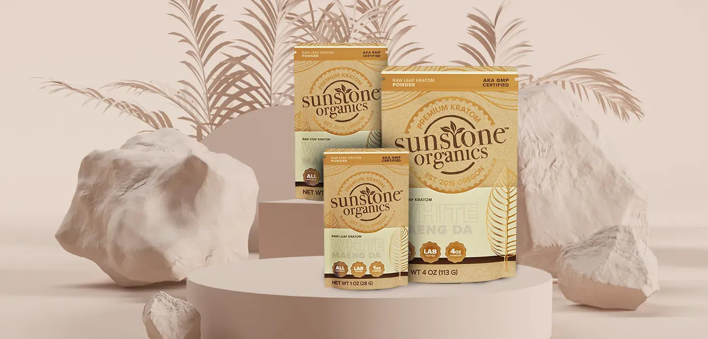 Sunstone Organics products on a neutral background with decorative elements