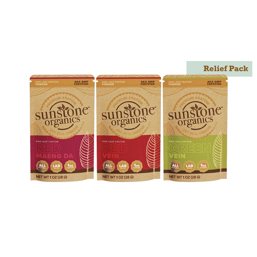 Three packages of Sunstone Organics kratom powder