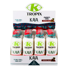Display case of Tropix Kava bottles