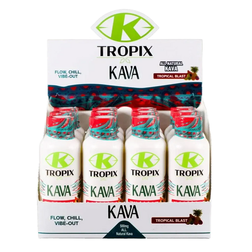 Display case of Tropix Kava bottles