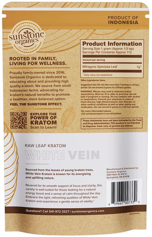 Sunstone Organics white vein kratom package with product information and branding.