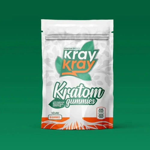 Kray Kray Kratom Gummies packaging on a green background