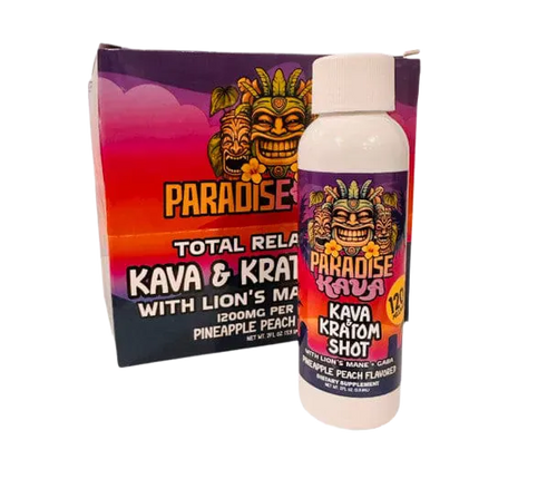 Paradise Kava product packaging with a bottle and box